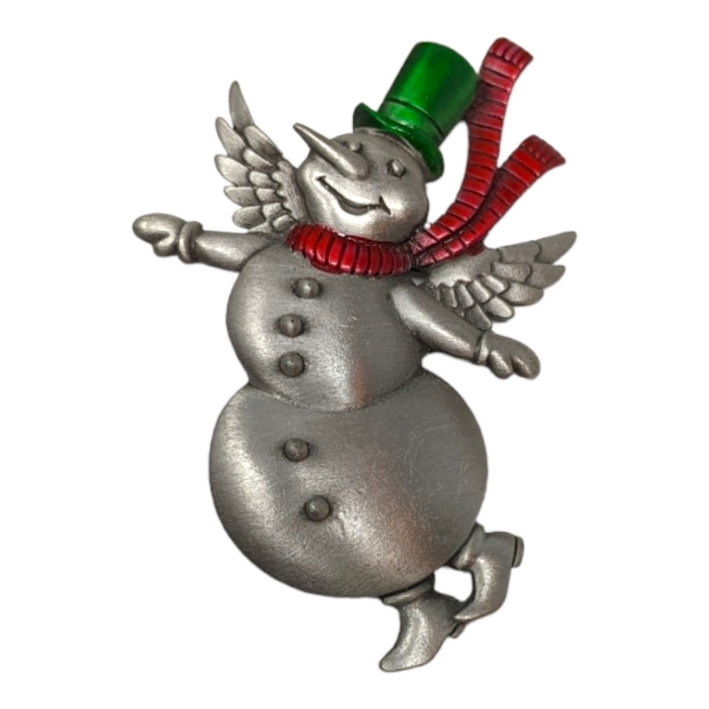 JJ Jonette Snowman Brooch Pin Wings Silver Tone Signed Red Green